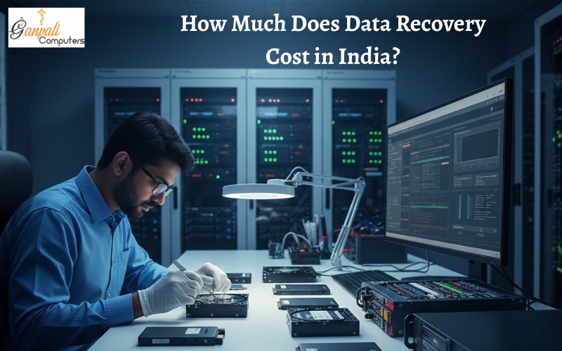 Estimated data recovery cost in India in 2026 shown on a laptop screen with external hard drive and technician workspace setup