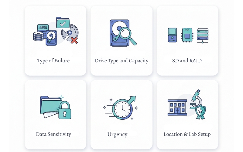 Technician analyzing damaged hard drive showing key factors that affect data recovery service prices