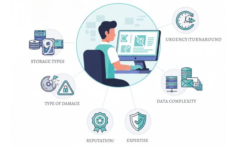 Illustration of data recovery cost in India with hard drive, laptop, and technician tools on a clean workspace