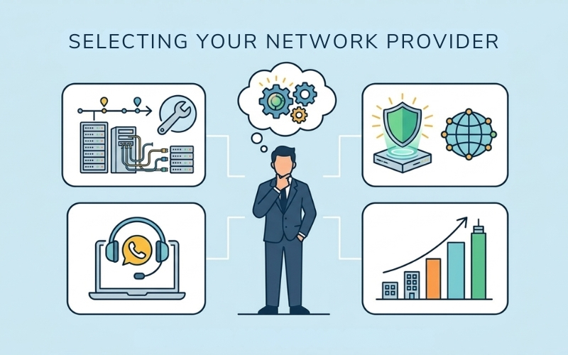 IT expert analyzing network systems while selecting the right network management provider.