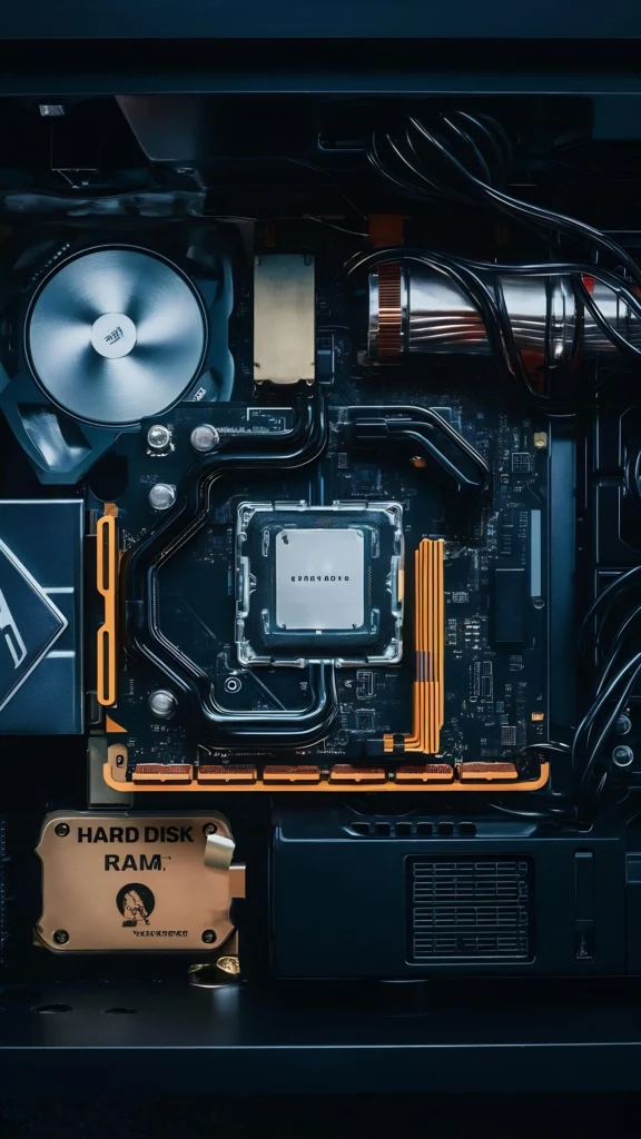 top view computer parts with hard disk ram cpu graphics card motherboard